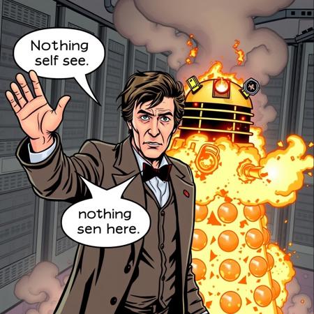 David John Tennant as Doctor Who waves his arms for attention and says "nothing to see here" as a burning Dalek drives behind him, with server racks smoking and sparking in the background. Comic style.