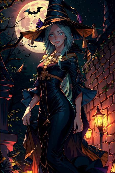 masterpiece, best quality, halloweenRhea, witch hat, blue dress, wide sleeves, moon, autumn, night, bats, looking at viewer, smile, furrowed brow <lora:rhea-nvwls-v3-000009:0.9>