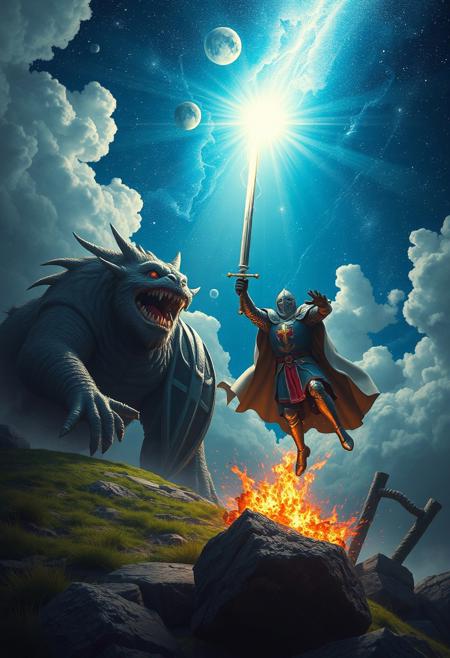 A radiant knight descends from the heavens, slaying a foolish monster with his sword. The earth rejoices, and the night sky bestows its blessings.