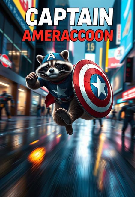 "Create a hyper-realistic image of Captain Ameraccoon, a raccoon wearing Captain America's iconic costume, wielding a tin lid shield from a trash can. The lid is battered and worn. Captain Ameraccoon is shown in mid-leap, shield at the ready, as it soars through the air towards a group of villainous robots wreaking havoc on the city. The background is a blur of motion, with the city's neon lights and billboards reflecting off the wet pavement. The title 'Captain Ameraccoon' is emblazoned across the top of the image in the iconic Marvel style. Style: hyper-realistic, action-packed, and humorous."