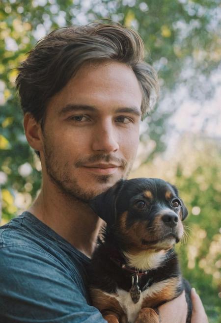 cinematic film still fashion photography portrait of 1man with cute dog as companion, headshot, sunlight , Fine Art & Beauty Photography – ,,light diffraction in frame, dreamy,hazy look.  Helios 44-2 lens mounted on a Praktica MTL 5B Helios 44M-4 lens, 58mm f/2,   in a garden. authentic happy smile, <lora:hand 4:0.3>