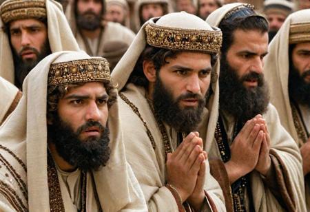 dozen pharisees gathering, arguing and plotting something, aggression and hate on their faces, threatening gaze,
at  Sanhedrin court, epic biblical depiction, 35BC era,  a scene depicting a group of Pharisees clad in traditional Jewish garments, including robes, prayer shawls, and tunics, adorned with conspicuous fringes and phylacteries strapped to their left arms and foreheads. Their expressions should convey a mix of intensity, piety, and perhaps a hint of aggression, capturing the essence of their strict adherence to religious laws and traditions. The setting should evoke a sense of heated discussion or argument among the Pharisees, emphasizing their distinctive clothing styles and symbols that defined their appearance in historical contexts.
intricate details, natural skin, sharp focus, ultra wide angle, 35mm telephoto,