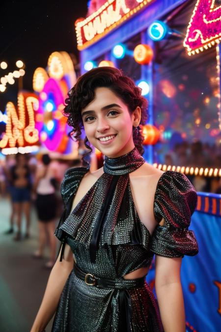 hires  photo of a 30-year-old sanm woman, studio quality, looking straight at viewer, at a carnival, conservative high neck fashionable dress, black hair, smiling, background bokeh <lora:Sanm_Sanya_Malhotra_SD15_LoRA:0.8>