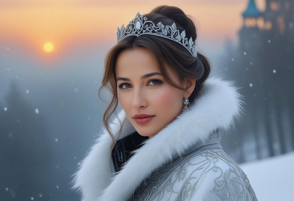 portrait, 
Russian elegant fashionista Sophie Marceau-Snow Maiden in Gothic style, 
Slavic appearance, 
defiant and arrogant facial expression, 
light smile, 
slightly tanned skin, 
flowing hair gathered in a complex bun, 
thick snow falls, 
sunset, 
with transparent smoke, 
effectively, 
elegantly, 
radiance, 
seductive, 
watercolor, 
drawing, 
pixel work, 
high detail, 
gothic, 
atmospheric, 
realistic, 
high quality, 
work of art, 
brilliance, 
hyperdetalization, 
professionally, 
filigree, 
mysticism, 
misty haze, 
superdetalization, 
hyperrealism, 
professionally thought out details, 
pastel tones, 
filigree, 
portrait, 
octane, 
sensuality, 
high resolution, 
high detail, 
real photography, 
rich, 
advantageous angle, 
elegance, 
aesthetics, 
high quality, 
professional photography, 
hyperrealism, 
Seva Slavynin has created a truly remarkable work of art, 
a real masterpiece