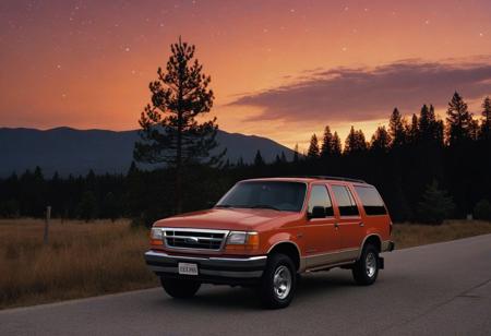 pick up truck, motor vehicle, no humans, tree, sky, outdoors, star \(sky\), road, scenery, night, vehicle focus, sunset, starry sky, orange sky, night sky, star \(symbol\), evening, gradient sky, twilight, nature, pine tree, forest, dusk, bush, mountain, cloud, grass, mountainous horizon, shadow, red sky, plant, (1996 Ford Explorer)