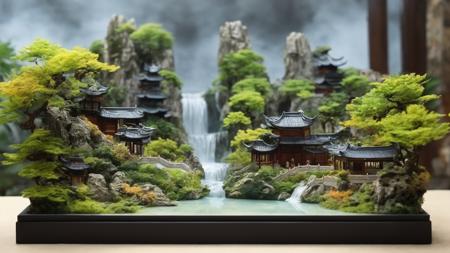 diorama, miniature landscape, Chinese classical garden, verdant mountain scenery, misty clouds, waterfall, artistic conception