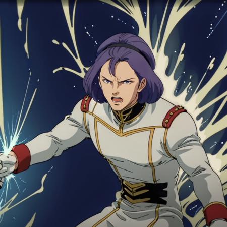 paptimusscirocco,1man, paptimusscirocco,1man, medium hair,purple hair,hairband,purple eyes, military uniform,white long jacket, belt white pants, white boots, Aura effect, lightning effect,