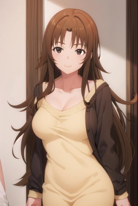 kozue takanashi, long hair, brown hair, (brown eyes:1.5), dress, cleavage, sweater, lipstick, sweater dress,