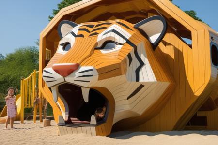 cinematic photo <lora:æ·å¤æ¸¸ä¹-000004 (1):1>,The image features a large wooden tiger playground structure,which is situated in a sandy area. A person is standing next to the tiger playground,with its mouth open,and a clock can be seen on a wall. The scene seems to be set in a park or recreational area where children can enjoy playing and interacting with the tiger playground.,there is a slide that slides down from the tiger, . 35mm photograph, film, bokeh, professional, 4k, highly detailed