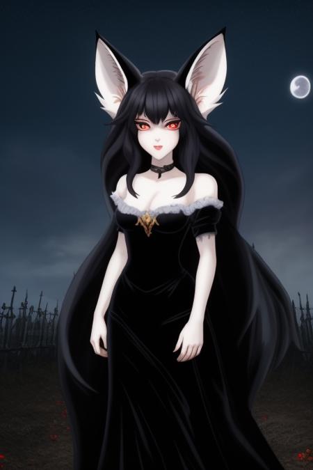 masterpiece, best quality, deep night, 1woman, evil, (realistic fox ears:1.1) , ((long)) ((black)) curly hair, evil luminous red eyes, extremly pale skin, realistic, barefoot, flat chest, evil triumph smile, black dress, stands at the dark graveyard, photorealistic, trend on artstation, by wlop, high resolution, detailed