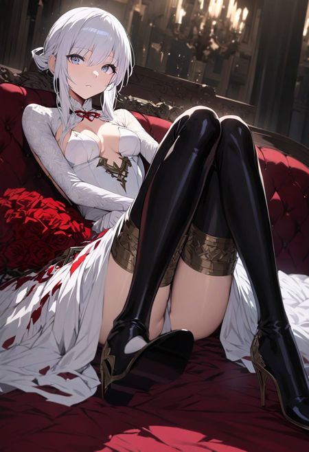 white eyes, white hair, small breast,  white dress, skirt, thighhighs, cleavage,flower,elbow gloves,white gloves,  black boots,