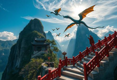 high resolution, 4k, ultra fine detail, highly detailed and intricate details, cinematic, high definition, Tianzi Mountains, Chinese mountains, blue skies, forest, river, sun behind mountain, shadow cast, The mountains are tall, there are few trees on the mountain, there is a Chinese temple on top of one mountain, there are stone stairs leading up the mountains to the Chinese temple, the mountains pierce the sky, the clouds are swirling around the mountains, the clouds are breaking apart allowing light to pass through them, dragons flying between the mountain peaks, the dragons are playing, there are a few dragons resting on the mountain peaks, there is an old monk on the stair case, the old monk is smoking from a pipe and watching the dragons, there are red wooden guard railings along the stair case up the mountain, dragon focus, aerial view, view from above,