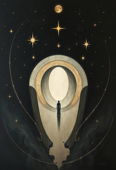 Overhead bird’s-eye view oil painting of Celestial Gateway Among the Stars. Symbolist art style with a surreal allegory, melancholic atmosphere, dreamlike figures, mythological elements, minimalist abstraction, bold geometric shapes, high contrast, eerie yet graphic composition. Delicate rendering with modernist simplicity, rich textures, visible brushstrokes, and top-down perspective.