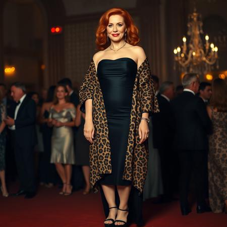 full body shot masterpiece portrait of a woman::1.4, Norman Rockwell style::1.2, realistic impressionist art::1.1,
(physical description: mature woman,red hair, light skin, confident posture, chubby build:1.1)
(facial features, expression: elegant, poised, subtle smile:1.0)
(clothing details: black strapless dress paired with a leopard print kimono-style jacket, black platform sandals:1.0)
(accessories: minimal or no jewelry, natural makeup for an evening gala look:0.9)
(background setting: evening gala event at, subtle crowd and venue details:0.9)
(lighting style: warm, soft evening event lighting, highlights on dress textures and jacket pattern:0.8)
(composition and camera framing: three-quarter length portrait, subject centered, slight angle to highlight outfit:1.0)
(emotional tone or theme: stylish, refined, celebratory mood:0.9)
(technical execution: oil painting texture, rich detail on fabric patterns and folds, balanced warm contrast:0.8)