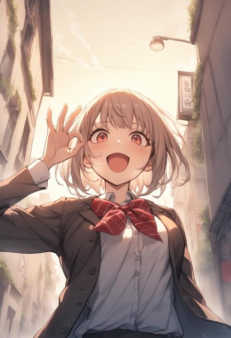 1girl, <lora:sdxl2-flat2-512b:-1>,medium breasts,school uniform,
<lora:oksignXLv1:0.6>,ok sign, from below, upper body, looking ahead, crazy smile, in street, open mouth,
best quality,medium quality,