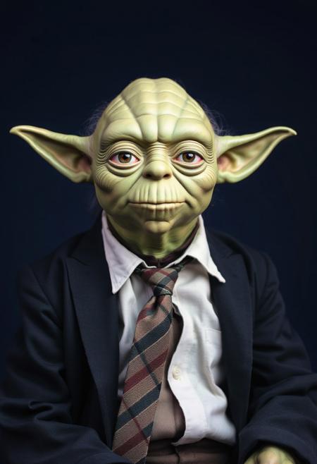 ​A studio shot hyper-realistic portrait of Yoda. He is sat in a smart navy suit, white button-down shirt and tartan tie against a dark blue backdrop. He looks directly toward the camera. Professional studio portrait photography with classic portrait lighting and shallow depth of field against a seamless backdrop.