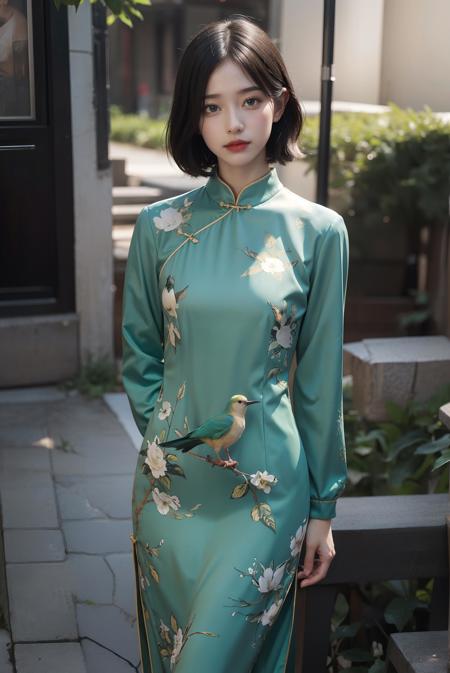 (akusema and blue and green birds printed china dress),(white long sleeves),1 girl,upper body, high heels,(short hair:1.1), (realistic:1.7),((best quality)),absurdres,(ultra high res),(photorealistic:1.6),photorealistic,octane render,(hyperrealistic:1.2), (photorealistic face:1.2), (8k), (4k), (Masterpiece),(realistic skin texture), (illustration, cinematic lighting,wallpaper),( beautiful eyes:1.2),((((perfect face)))),(cute),(standing),(black hair),(short hair),black eyes,red lips, (outdoors),<lora:ChinaDress:0.55>,  <lora:JapaneseDollLikeness_v15:0.4>,