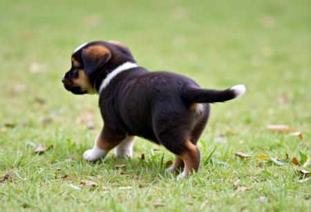 Cuty dog puppy is following his tail.
