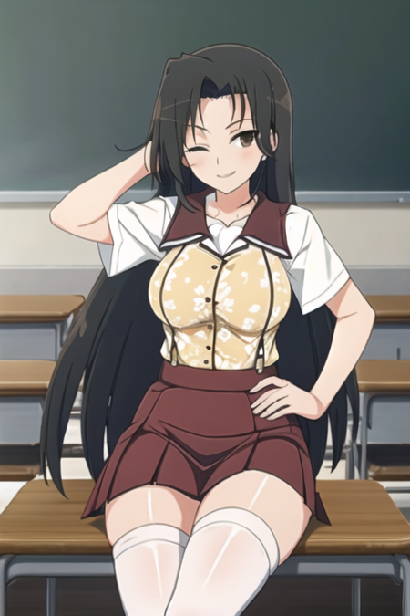 masterpiece, best quality, <lora:jasmine-10:1>, 1girl, jasmine \(senran kagura\), black hair, long hair, brown eyes, one eye closed, school uniform, collared shirt, serafuku, sailor collar, short sleeves, white shirt, sweater, sleeveless sweater, yellow sweater, floral print, skirt, pleated skirt, red skirt, thighhighs, white thighhighs, sitting, facing viewer, looking at viewer, pov, happy, smile, adjusting hair, arm behind head, indoors, chair, on chair, school desk, sitting, day, simple background, dated, solo, solo focus, classroom, chalkboard, legs together, thick thighs,