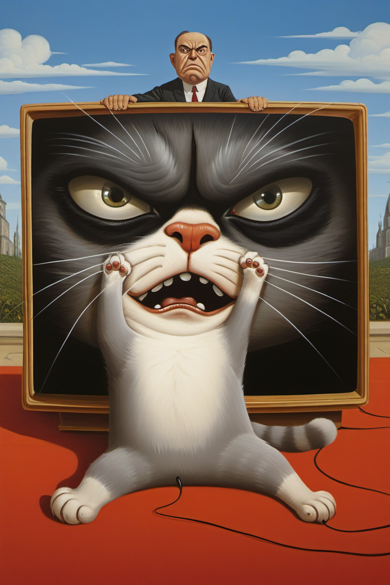 A cartoon image of a cat with a TV screen showing a cat's face and paws.