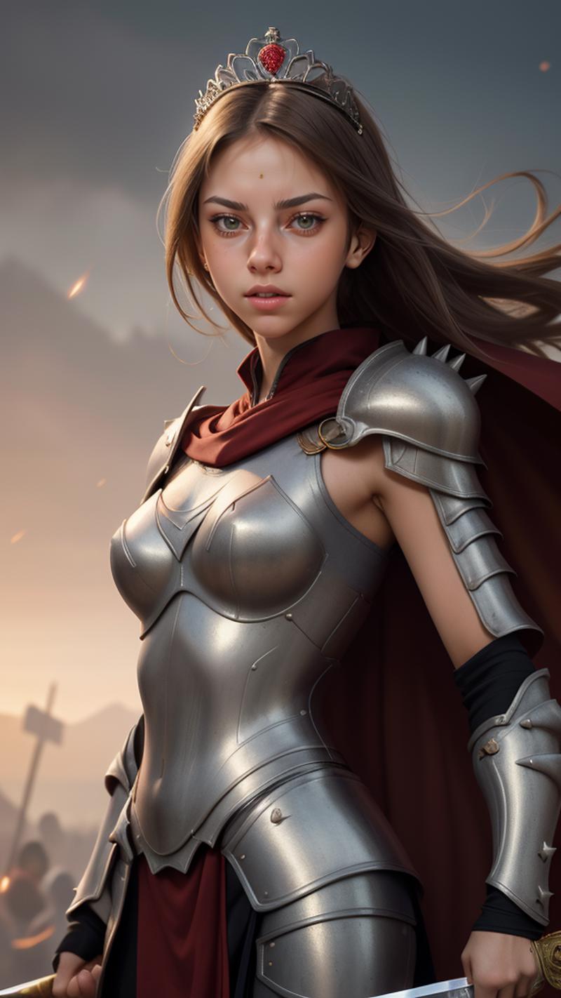 A woman in a silver armor with a red scarf and spikes on her shoulder.