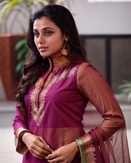 profile photo of a rmuk woman, wearing colorful high-neck Salwar Kameez covering chest and breasts, looking at camera, film grain, perfect eyes, beautiful bokeh <lora:rmuk_Rani_Mukerji_local_Adafactor_Local_fp16-000003:1>