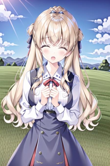 (extremely detailed CG unity 8k wallpaper), (((best quality))),1girl,bangs,blonde hair,blue bow,bow,closed eyes,cloud,evening,hair between eyes,hair ornament,hairband,hairclip,heart,long hair,open mouth,outdoors,red hairband,solo,wheat,wheat field,wind,
, <lora:lora_ensemble_29a-000010:0.85>