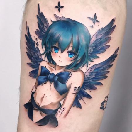 <lora:bodytattoo:1> , bodytattoo, tattoo of, arm tattoo,   blue eyes, blue hair, bow, hair bow, ice, ice wings, large bow, magic, short hair, wings