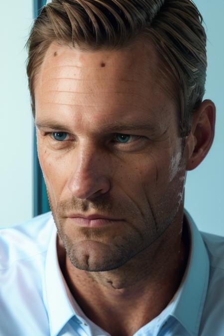 a handsome man in his office, white button up shirt, close up, headshot, (candid, amateur), (raw, 8k, uhd, fujifilm xt3),  <lora:aaronEckhart:1>