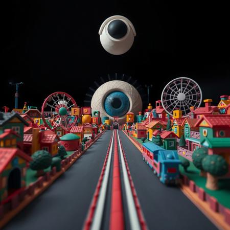 colorful clay amusement park, pov, clay town, claylike world, Claymation, black sky,  space,  wide roads, clay houses, clay dream world, clay Roller Coaster, clay Ferris Wheel, clay Train,  clay park, low angle, solidarity, giant ABC cubes in the background, giant eye in the sky, giant toys, empty world,