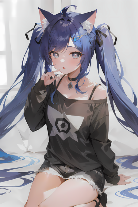 megros \(style\), cat girl, cat ears, cat tail, diamond-shaped pupils, blue hair, twintails, long hair, casual clothes, casting spell<lora:megros:0.6>