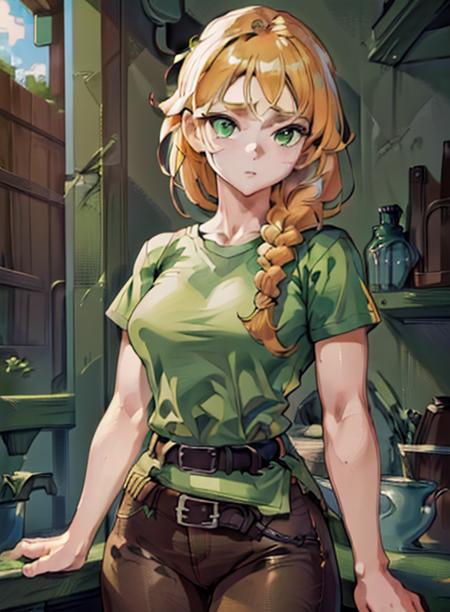 best quality, (masterpiece),(ultra-detailed), (high quality), (high resolution), <lora:add_detail:0.5>, <lora:alexmc:0.7>,alex,  green shirt, belt, braid,