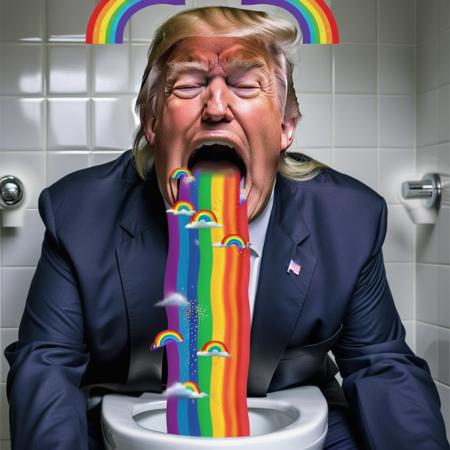 real ukj style photo of trump barfing rainbows over a toilet, large open mouth, large rainbow stream <lora:rainow_sdxl_ukjstyle_v111602-000003:1>