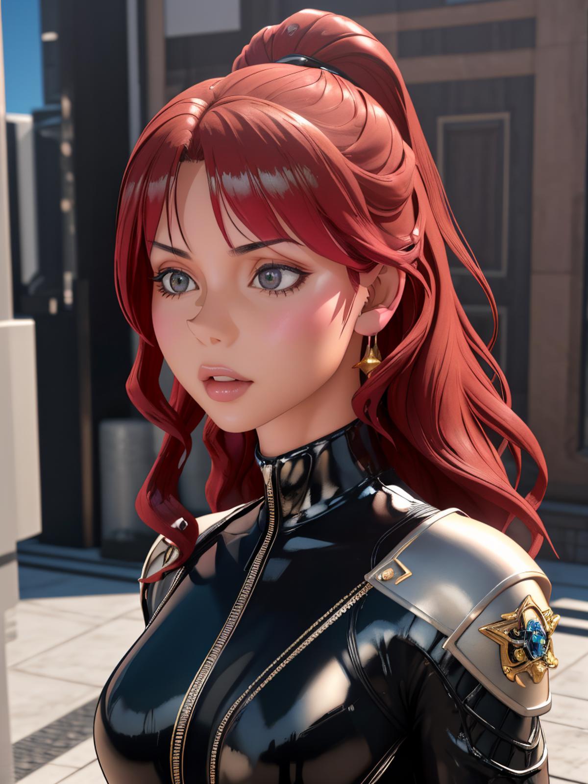 A 3D animated character with red hair, a black top, and a star on her shoulder.