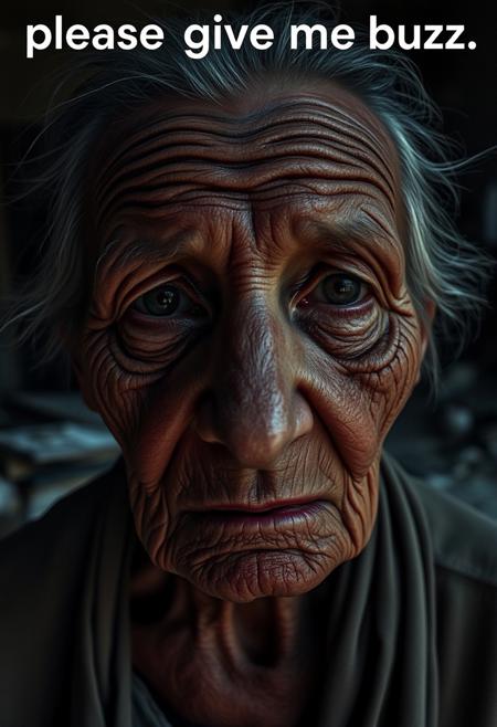 An elderly woman with deeply wrinkled, weathered skin is captured in a close-up using a 50mm Panavision Prime lens, showcasing every fine detail of her face. The dramatic lighting casts harsh shadows across her features, emphasizing her sorrow and exhaustion. Her eyes, filled with years of suffering, are framed by darkness, further heightening the emotional weight of the scene. The background is softly blurred but suggests a decaying, slum-like environment with crumbling walls and scattered debris. The lighting intensifies the mood, highlighting the contrast between light and shadow on her skin. At the top of the image, a subtle yet impactful text reads: ‘please give me buzz,’ adding irony to the somber tone of the scene