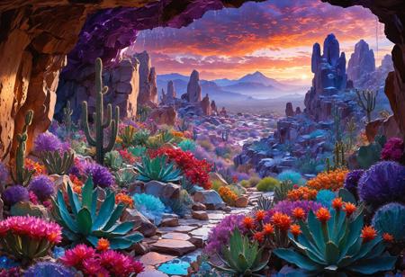 Post-storm light with clearing skies and vibrant colors, Expressionist city in twilight, Rich jewel tones of emerald, sapphire, and amethyst, Crystalline ice cave with shimmering formations, A cactus garden blooming with vibrant flowers, Soft dew covering a spiderweb at dawn, Mystic druid protecting sacred groves, A portal framed by ancient stones, leading to unknown places