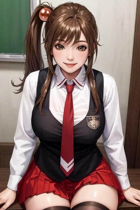 masterpiece, best quality, highres, 1girl kurumi imari, school uniform red skirt red necktie black thighhighs white shirt black vest strap <lora:kurumi_imari:1> sitting, smile, photorealistic