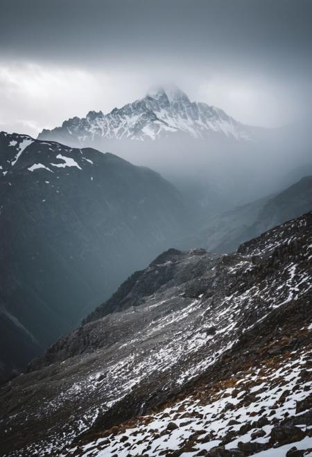 The scene captured by the Sony A7IV with a 20mm G Master lens set at a wide aperture of F1.5 unfolds with haunting beauty, enveloped in a moody and melancholic atmosphere. Majestic mountains cloaked in thick fog rise dramatically against the stormy sky. The sharp peaks and ridges, barely visible through the mist, create a sense of mystery and awe. Patches of snow glisten on the slopes, hinting at the harshness of the environment.