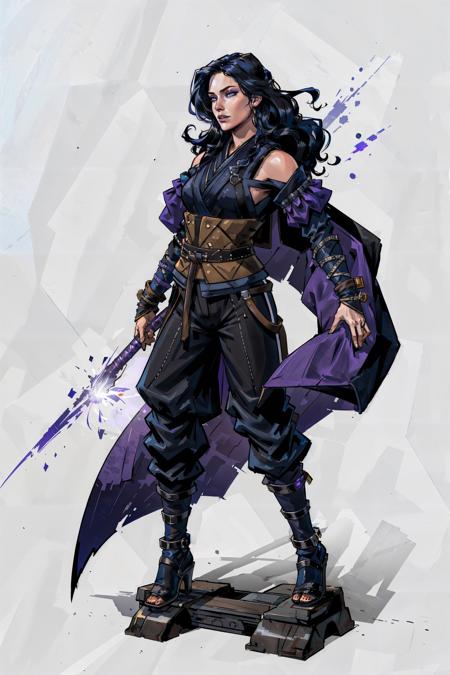 (masterpiece, best quality:1.2),  <lora:yennefer-17:0.7>, yenW3_soul3142, 1girl, solo, long hair, black hair, purple eyes, pants, ninja