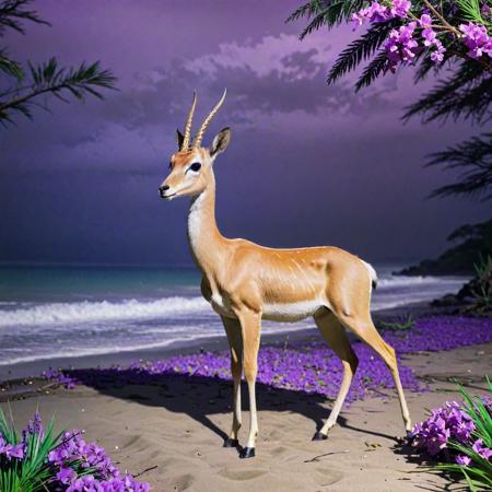anime key visual, masterpiece, caustics, long shot of a (Gazelle:1.3) , the Gazelle is very Untidy and Eerie, Emerging beach in background, lush blossoms with Palm tree, Stormy weather, FOV 90 degrees, Flustered, Steelpunk, Warm lighting, L USM, anaglyph filter, Kintsugi, Lavender flakes, Best quality, professional, (designed by Posuka Demizu:1.1) , (Naoko Takeuchi:0.8) , (Kazuki Takamatsu:0.9) , (Mamoru Oshii:1.0)