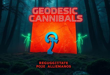 “A cinematic, high-tech scene featuring the Algiz rune and a glowing orange marble monolith in a misty Italian-inspired forest, captured with a Sony prime lens for vivid clarity and depth. The metallic, neon-blue rune stands beside the polished orange monolith, casting bold reflections on the mossy forest floor. Two neon-green, floating aliens circle the rune, radiating an eerie green glow that mingles with the lights. At the top, styled as a hard rock album poster, bold, jagged chrome text reads: ‘GEODESIC CANNIBALS,’ with the album title ‘REGURGITATE ALLEMANOS’ below in intense neon red. This striking, futuristic scene combines elements of mysticism, alien energy, and hard rock aesthetic, giving a raw, surreal edge.”