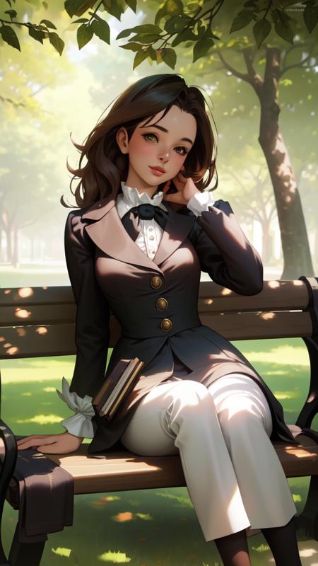 Young woman sitting on a park bench with Charles Dickens, surrounded by books, under leafy trees with sunlight filtering through the leaves, hyperrealistic digital art, artstation.