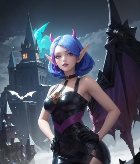 ((big breasts)), wings, 1girl, looking at viewer, short hair, gloves, dress, medium breasts, blue hair, horns, solo focus, pointy ears, black gloves, hand on hip, thigh strap, instrument, demon wings, [purple hair: blue hair:0.2],  <lora:veera-06:0.9>, (castle), gloom, darkness, mountains, ghosts, death, purple background, ((glow)), BREAK bat, purple lips, (masterpiece,best quality:1.5)