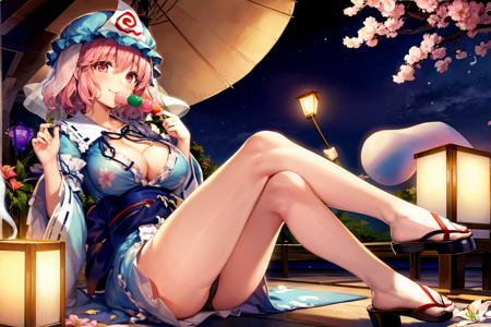 masterpiece, best quality, <lora:yuyuko:1>,saigyouji yuyuko, 1girl, triangular headpiece, pink hair, sword, butterfly, bug, hat, solo, weapon, flower, pink eyes, hand fan, katana, sitting, food, folding fan, japanese clothes, short hair, wide sleeves, hitodama, barefoot, breasts, sheath, sheathed, sash, cherry blossoms, obi, long sleeves, reflection, ribbon, smile, ghost, mob cap, crossed legs, scabbard, fruit, sandals, large breasts, looking at viewer, geta, veil, petals, kimono, cleavage, medium breasts, wagashi, dress, bare legs, cup, lantern, mirror, lily (flower), tree, blue dress, legs, single shoe, frills, clog sandals, eating, full body, feet, konpaku youmu (ghost), reflective floor, dango, umbrella, bell, floral print, blush, shoes