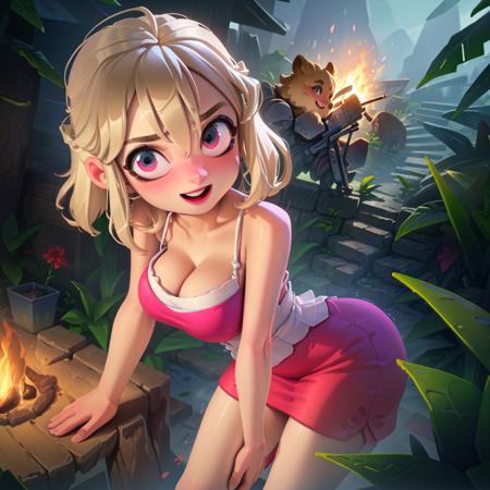 1girl, cute, (blonde, short hair:1), (pink dress:1.2), looking at viewer, curvy, smile, :D, from below, (cute pose:1.2), curvy, sexy, modeling, leaning forward, breast focus, campfire, camping, sitting,
(detailed ladscape, forest, vegetation, plants, sky:1.2), (background:1.2), (dynamic_angle:1.2), (dynamic_pose:1.2), (rule of third_composition:1.3), (dynamic_perspective:1.2), (dynamic_Line_of_action:1.2), solo, wide shot,
(masterpiece:1.2), (best quality, highest quality), (ultra detailed), (8k, 4k, intricate),(full-body-shot:1), (Cowboy-shot:1.2), (50mm), (highly detailed:1.2),(detailed face:1.2), detailed_eyes,(gradients),(ambient light:1.3),(cinematic composition:1.3),(HDR:1),Accent Lighting,extremely detailed CG unity 8k wallpaper,original, highres,(perfect_anatomy:1.2),
 <lora:Tomaco_style-15:1>