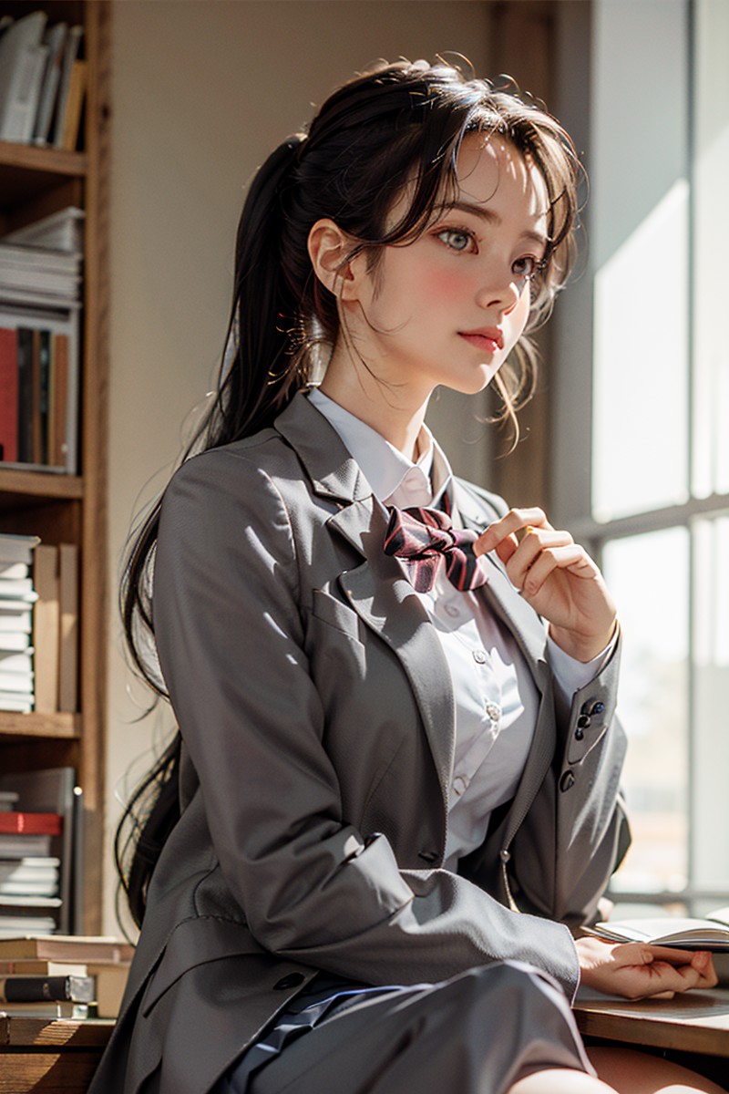 <lora:koreanPonytailLora_v10:1:NP>, kr-pny, ponytail, parted bangs, 1girl, school uniform, dark grey open jacket, dark gre...