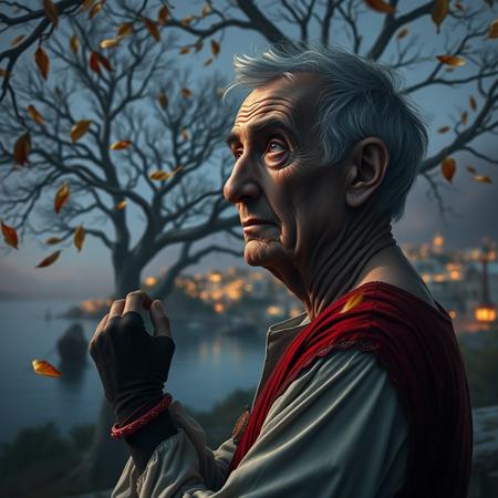 (photorealism:1.5)
1 oldman, full body, thoughtful expression, gazing at the majestic tree, falling leaves,  calm coastal village in the background, night time, pale colors, high contrast, hyper-realistic, serene atmosphere, pensive pose, detailed, high-definition, reflective mood, peaceful setting,
slight freckles, long eyelashes, thick eyebrows, torn pelvic sheer curtain, bridal gauntlets, torn red dress,