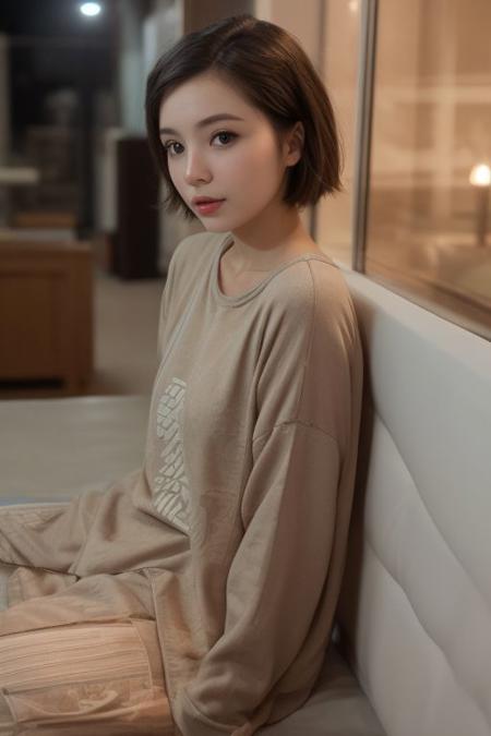 29 yo girl, Korean beauty, short hair, brunette, close-up, girl next door, baggy clothes, night, interior,