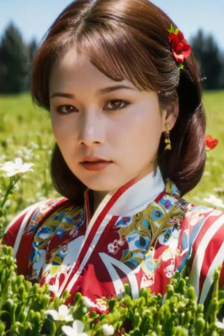 1girl,grass,flowers,Red trench,best quality, masterpiece, Rich in detail,brown hair, intricate, elegant, highly detailed, majestic, digital photography, (masterpiece, sidelighting, finely detailed beautiful eyes: 1.2), hdr,  <lora:ouyangpeishan:0.8>