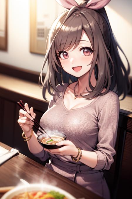 <lora:tsukioka kogane:1>, tsukioka kogane, 1girl, food, solo, brown hair, open mouth, chopsticks, long hair, jewelry, noodles, blush, smile, looking at viewer, restaurant, necklace, bowl, sitting, spoon, holding, collarbone, ramen, holding chopsticks, bangs, table, bracelet, breasts, blurry, holding spoon, ponytail, shirt, bow, pink eyes, ribbon, blurry background, hair bow, outdoors, large breasts, :d